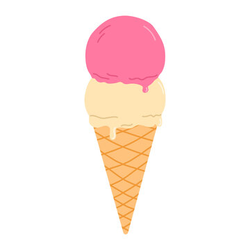 Ice cream cone. Vanilla and strawberry. Flat vector isolated illustration