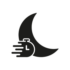 Moon With Stopwatch Solid Icon. Nighttime Efficiency, Sleep Tracking, And Time Management Silhouette Symbol. Productivity And Rest Optimization. Isolated Vector Illustration
