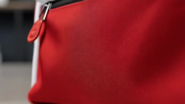 Close-up on white textured fabric with red trim and a shiny silver zipper hardware pull tab detail on apparel