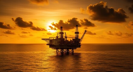 Golden sunset over the ocean with an offshore oil rig silhouette