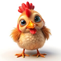 Cartoon chicken with orange feathers and a red crest isolated on white background