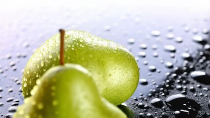 Pair of green pears covered in water droplets displayed on a glossy black surface create an elegant and fresh food still life scene. - Powered by Adobe