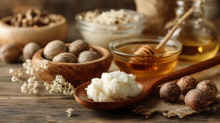 Fototapeta premium Vibrant photo of wooden spoon with shea butter, a soft white texture, sits on the table surrounded by whole camellia nuts and clear glass bowls filled with solidified raw honey.