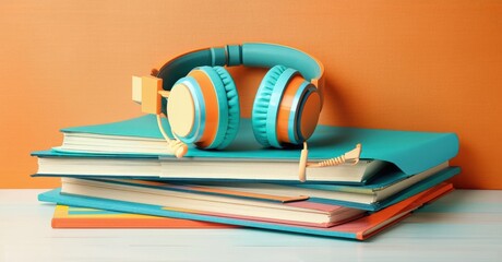 Headphones rest atop stacked books, folders. Warm orange backdrop creates inviting study scene. Simple composition, bright colors.