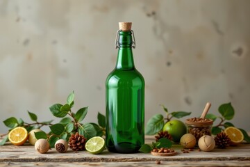 Green Glass Bottle with Citrus Fruits and Pine Cones on Wooden Table