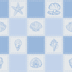 Coastal Seamless pattern with Seashells, Underwater creatures and starfish on Blue Checkered Background. La dolce vita themed inspired by Summer Italian aesthetic. Vintage Marine, coquette design