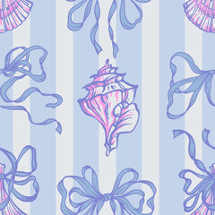 Seashells, Ribbon Bows Seamless Pattern on Blue striped Background. La dolce vita themed inspired by Summer Italian aesthetic. Vintage Marine, feminine, coquette design in charming girly style