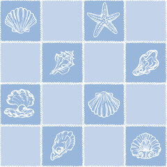 Coastal Seamless pattern with Seashells, Underwater creatures and starfish on Blue Checkered Background. La dolce vita themed inspired by Summer Italian aesthetic. Vintage Marine, coquette design