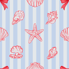 Red Seashells, Ribbon Bows Seamless Pattern on Blue striped Background. La dolce vita themed inspired by Summer Italian aesthetic. Vintage Marine, feminine, coquette design in charming girly style