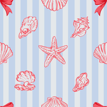 Red Seashells, Ribbon Bows Seamless Pattern on Blue striped Background. La dolce vita themed inspired by Summer Italian aesthetic. Vintage Marine, feminine, coquette design in charming girly style