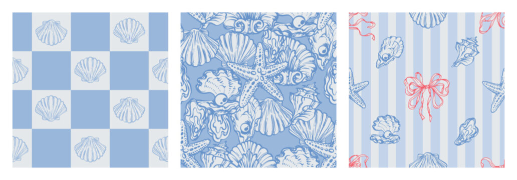 Blue Coastal Seamless Pattern Set with Seashells, Underwater creatures, Starfish on striped and Checkered Backgrounds. La dolce vita themed inspired by Summer Italian aesthetic. Vintage Marine designs