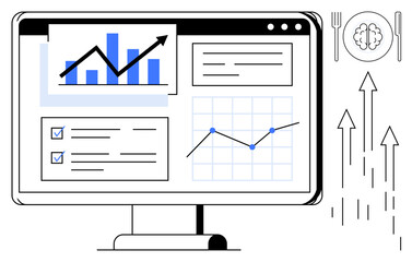 Monitor displaying progress bars, line graphs, analytics, and checklists. Growth arrows and brain icon symbolize business success, learning, and efficiency. Ideal for data visualization, strategy