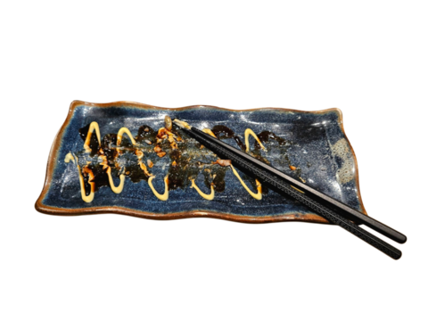 Used sushi plate with leftover sauce and chopsticks, capturing the realistic moment after a meal. Suitable for restaurant mood scenes or editorial use. Isolated on white background, transparent PNG