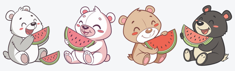 Adorable bear cubs enjoying juicy watermelon in summer simple flat design. © Tarek