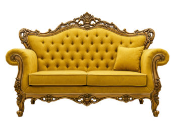 Isolated Tufted Mustard Yellow Sofa with Accent Pillow