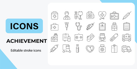 Editable Stroke Medical Icons A Comprehensive Collection of Healthcare Achievement Symbols for Websites and Apps