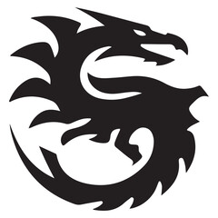 Stylized black dragon silhouette with circular body shape