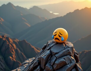 Yellow Crying Emoji on Mountaintop at Sunset