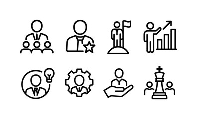 Leadership icons set: business strategy, success, innovation, teamwork, growth
