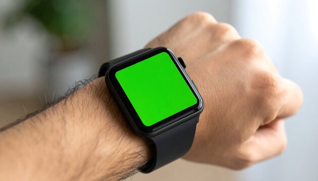 Smartwatch Display: A close-up shot features a wrist adorned with a sleek smartwatch displaying a vibrant green screen, perfect for showcasing app interfaces or mockups.