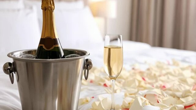 Romantic champagne bottle in ice bucket and glass on bed decorated with rose petals creating special occasion ambiance