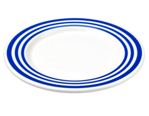 White plate with blue stripes design.