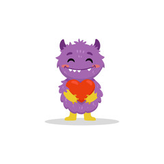 Cute cartoon monster with heart on white background. Happy Alien. Funny purple monster in flat style. Vector illustration.
