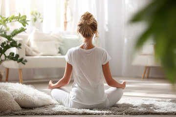 Young woman doing yoga at home