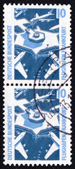 Frankfurt airport on a 1990 Germany vintage postage stamp. Industry and Technology Series