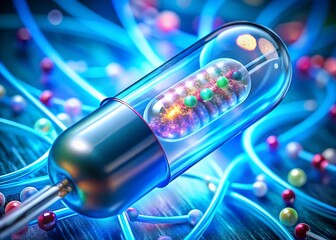 Futuristic capsule with internal molecular structure and glowing blue elements