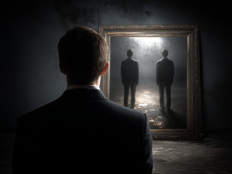 A person looking into a mirror that reflects a two-way path or two versions of themselves representing choice and potential