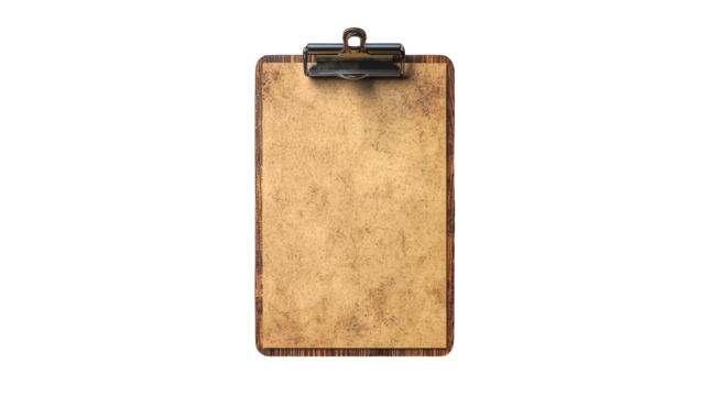 A vintage-style clipboard with aged, tan paper