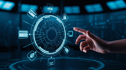 Hand Interacting with Blue Digital Interface Showing Financial Data and Security Icons