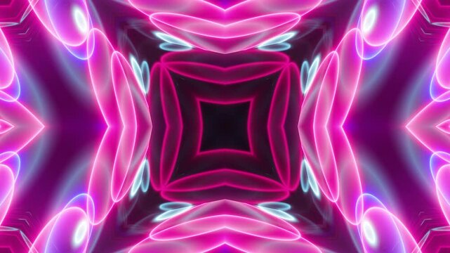 Hypnotic Neon Kaleidoscope Lines Seamless Loop. Glowing neon lines animated in continuous kaleidoscopic pattern on dark backdrop