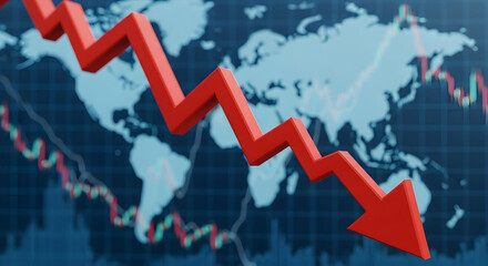 Red downward trending graph over a world map, implying economic decline