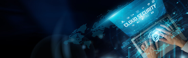 Businessmen use laptops and cloud security to protect data, ensure privacy, prevent breaches, and manage access, keeping business information safe in the cloud from cyber threats, unauthorized access.