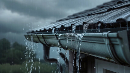 Fototapeta na wymiar Leaking Roof Gutters, Rain Gutter Overflowing with Water on Roofing, Rainy Weather, Downpour and Extreme Weather Conditions