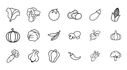 Vegetables and food line flat vector icon set for web and mobile design