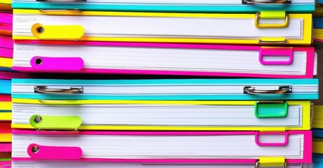 Colorful binders stacked neatly. Papers visible within each binder, creating vibrant display. Organization, storage, office supplies shown.