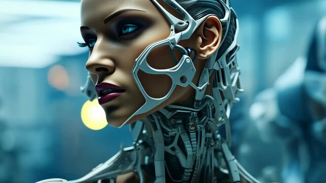 futuristic robot woman integrating with human body, cybernetic technology and human-machine interface concept biotech industry robotics healthcare