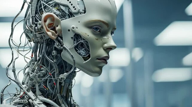 futuristic robot woman integrating with human body, cybernetic technology and human-machine interface concept biotech industry robotics healthcare