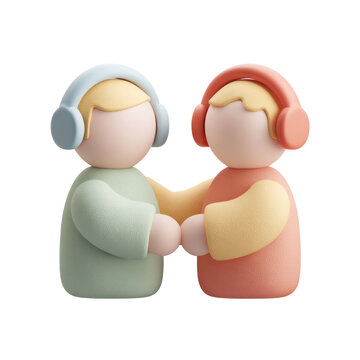 Two cartoon figures with headphones embracing, representing friendship, connection, and support in a digital age with modern design elements.
