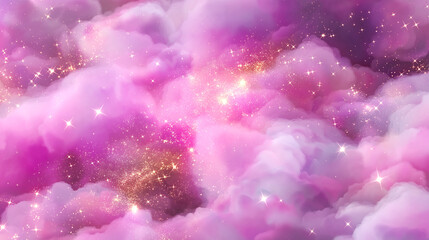 Dreamy pink and purple cloudscape with shimmering stars and glittery light trails, evoking a celestial, ethereal mood—ideal for fantasy designs, book covers, or digital art backgrounds.