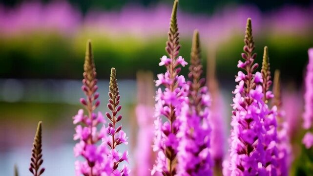 Stunning purple loosestrife wildflowers bloom in natural field against soft blurred background, summer blooms and natural beauty