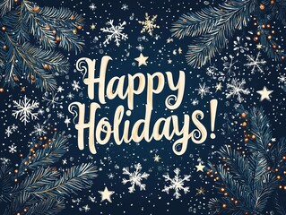Dark Blue Holiday Card Vector: White Snowflakes Stars with 'Happy Holidays' Text, Minimalist Flat Design for Social Media