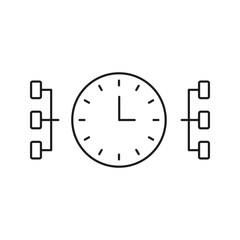 Clock With Network Nodes Line Icon. Time Synchronization And Data Flow Management Outline Symbol. Efficient Network Communication. Editable Stroke. Isolated Vector Illustration