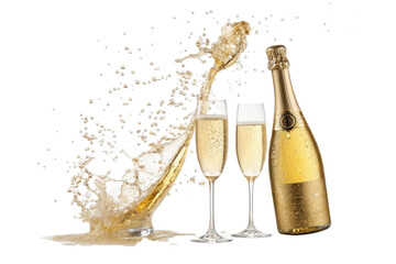 Champagne bottle and glasses with explosive splash isolated on transparent background