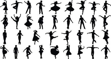 Collection of 36 expressive dance silhouettes showing contemporary and classical moves, ballet, jazz, motion, posture, choreography, graceful shape, female form, elegance, rhythm