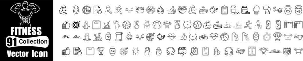 Naklejka premium Editable Stroke Vector Collection - Fitness, Cardio & Strength Training Icons