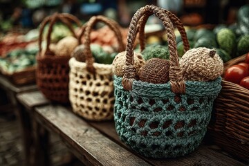 A family shopping together at a sustainable market, with a reusable bag filled with a variety of fresh vegetables.